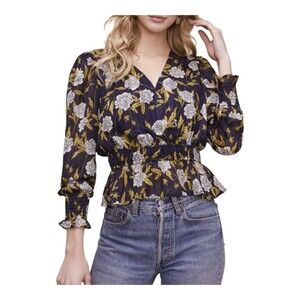 ASTR‎ Women's Surplice Peplum Cropped Navy Long Sleeve Floral Blouse XS